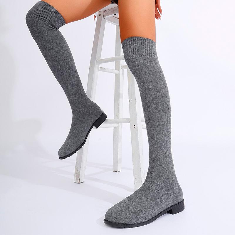 Модные женские вязаные высокие сапоги на плоской подошве выше колена, женская обувь 2025 года, трендовая зимняя мода, уютное платье, прогулочные носки, сапоги-носки Mujer Botas