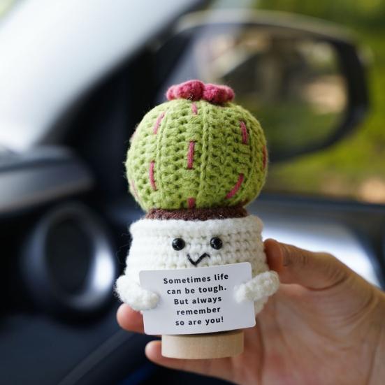 Positive Crochet Ball Cactus with Encouraging Card Emotional Support Handmade Knitting Potted Succulent Doll Toy Decoration Ornament