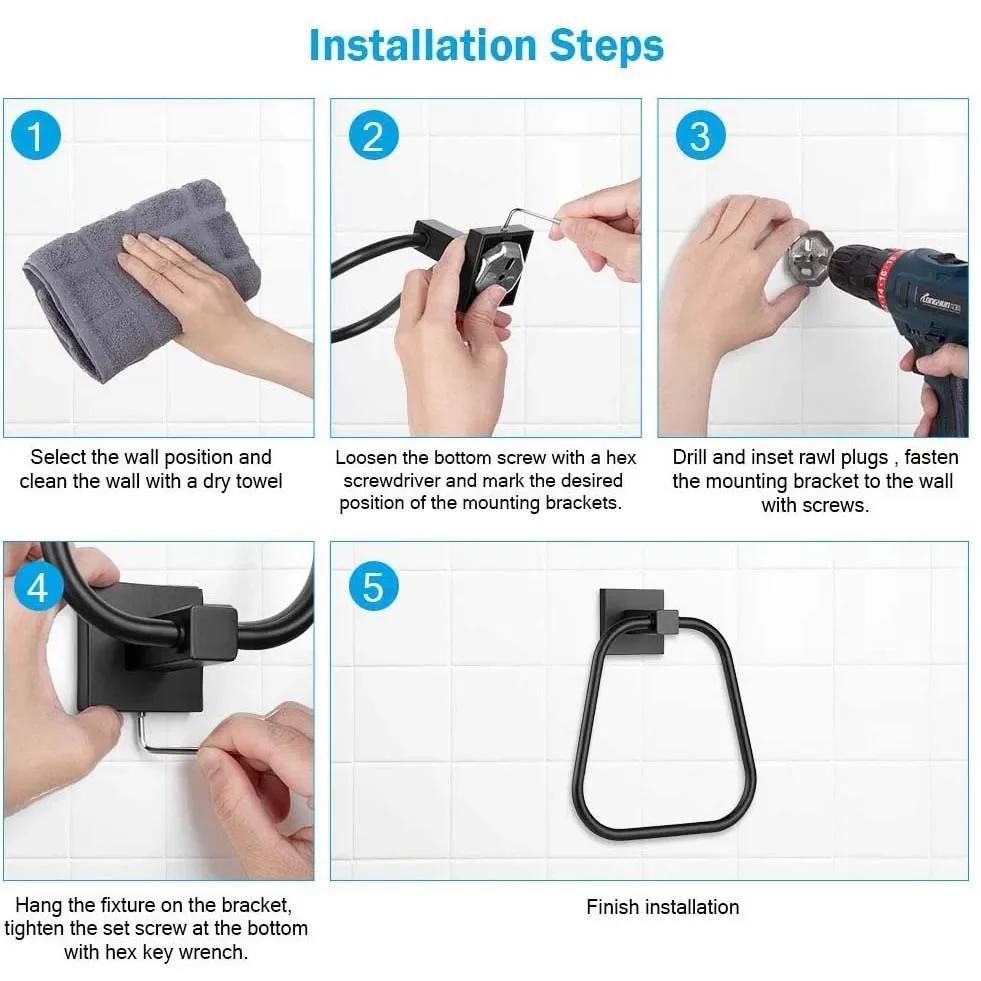 Черное кольцо для полотенца Нержавеющая сталь Скандинавский квадратный держатель для полотенца Кольцо для полотенца Кольцо для полотенца Держатель для полотенца для вытирания Квадратное кольцо