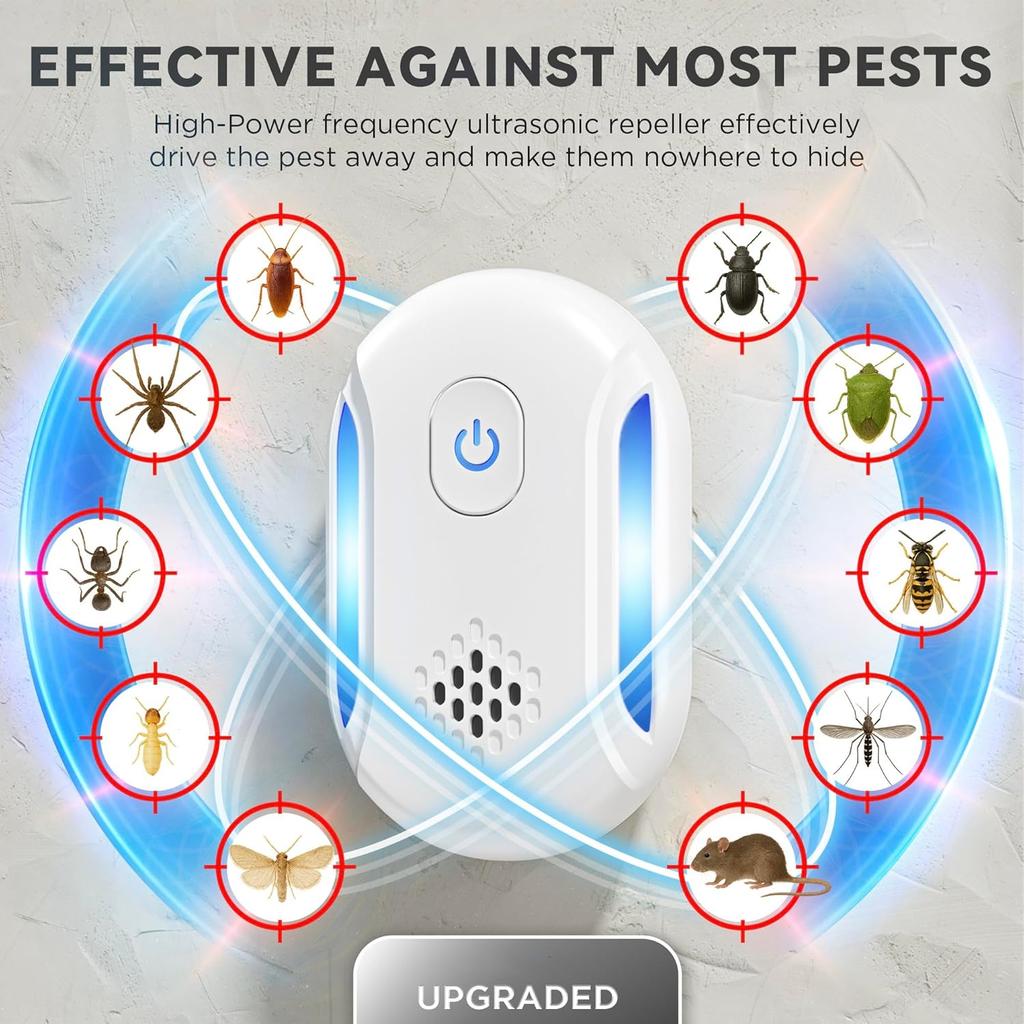 Ultrasonic Repellent 6 Units , 2 Modes Against Rats, Cockroaches, Spiders, Ants, Indoor Plug,in White