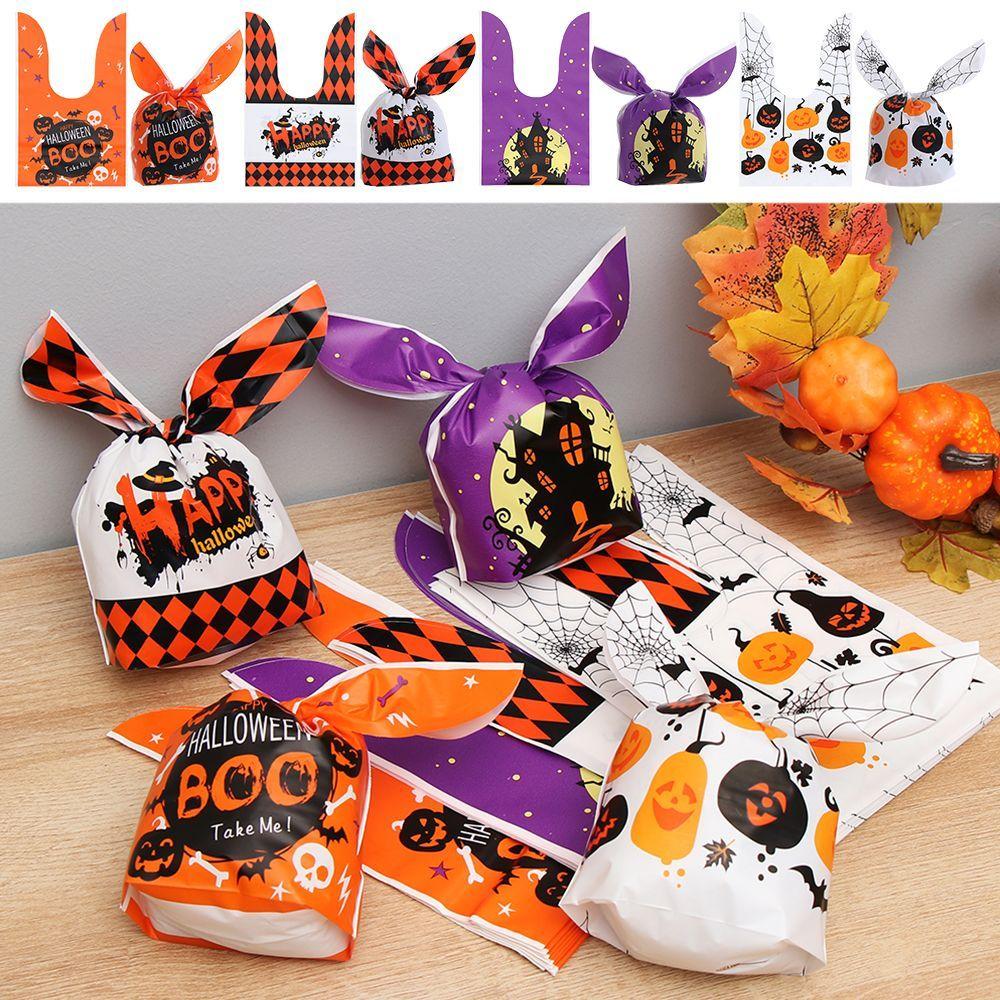 50Pcs Bat Pumpkin Halloween Decoration Cookie Bag Rabbit Ear Halloween Candy Bags Baking Packaging