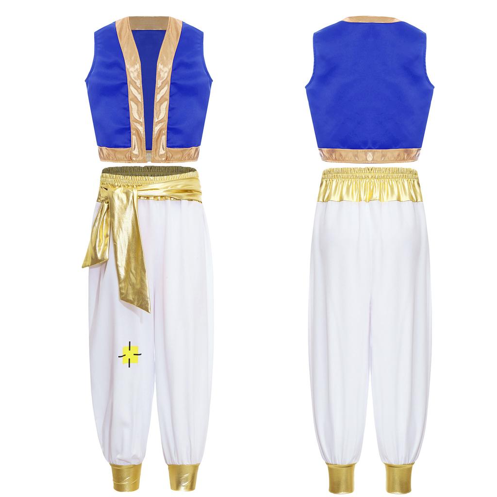 Mythical Cosplay Outfits Arabian Prince Kings Costume Halloween Roleplay Outfit Trim Waistcoat with Belted Pants