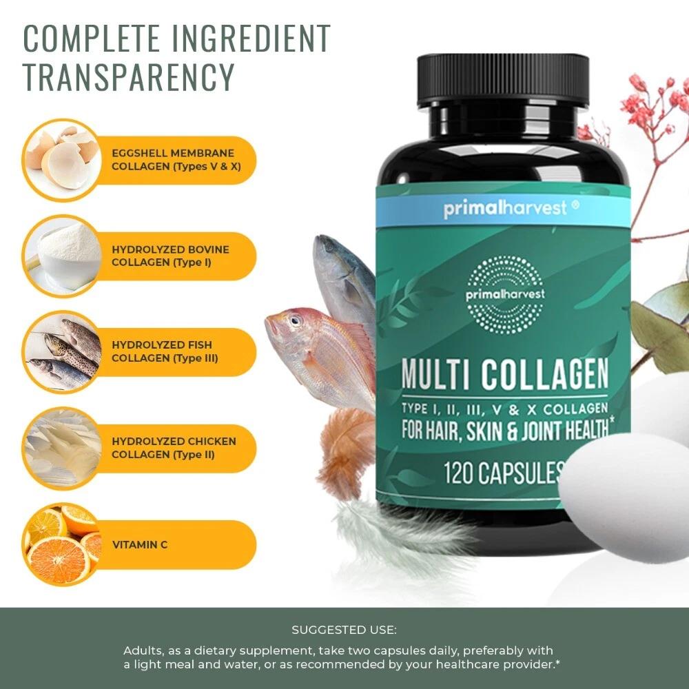 Vitamin C, collagen types I/II/III/V/X, Hair Skin & Joint Health Supplements, 120 Capsules