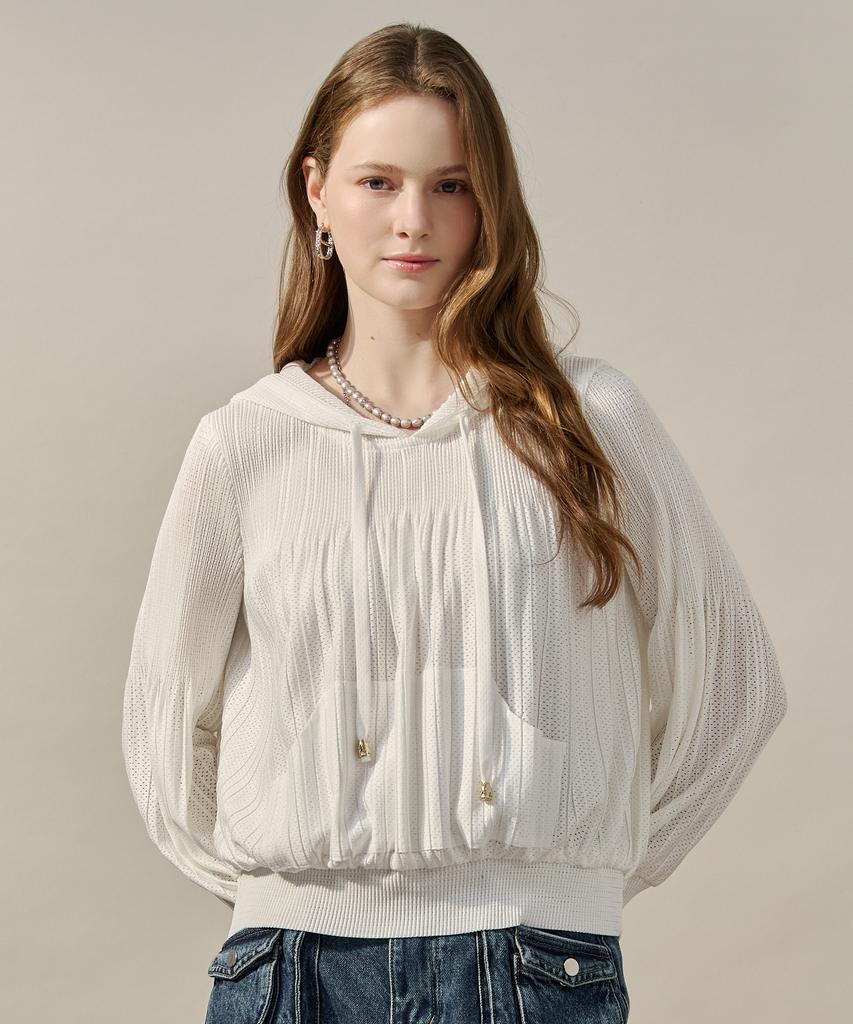 MAXZA Wrinkle Punching Volume Sleeve Hooded Blouse