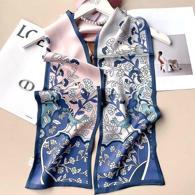 Elegant Temperament Mulberry Silk Silk Scarf Women'S Autumn Style Foreign Style Versatile Flower Double-Layer Double-Sided Silk Scarf Streamer