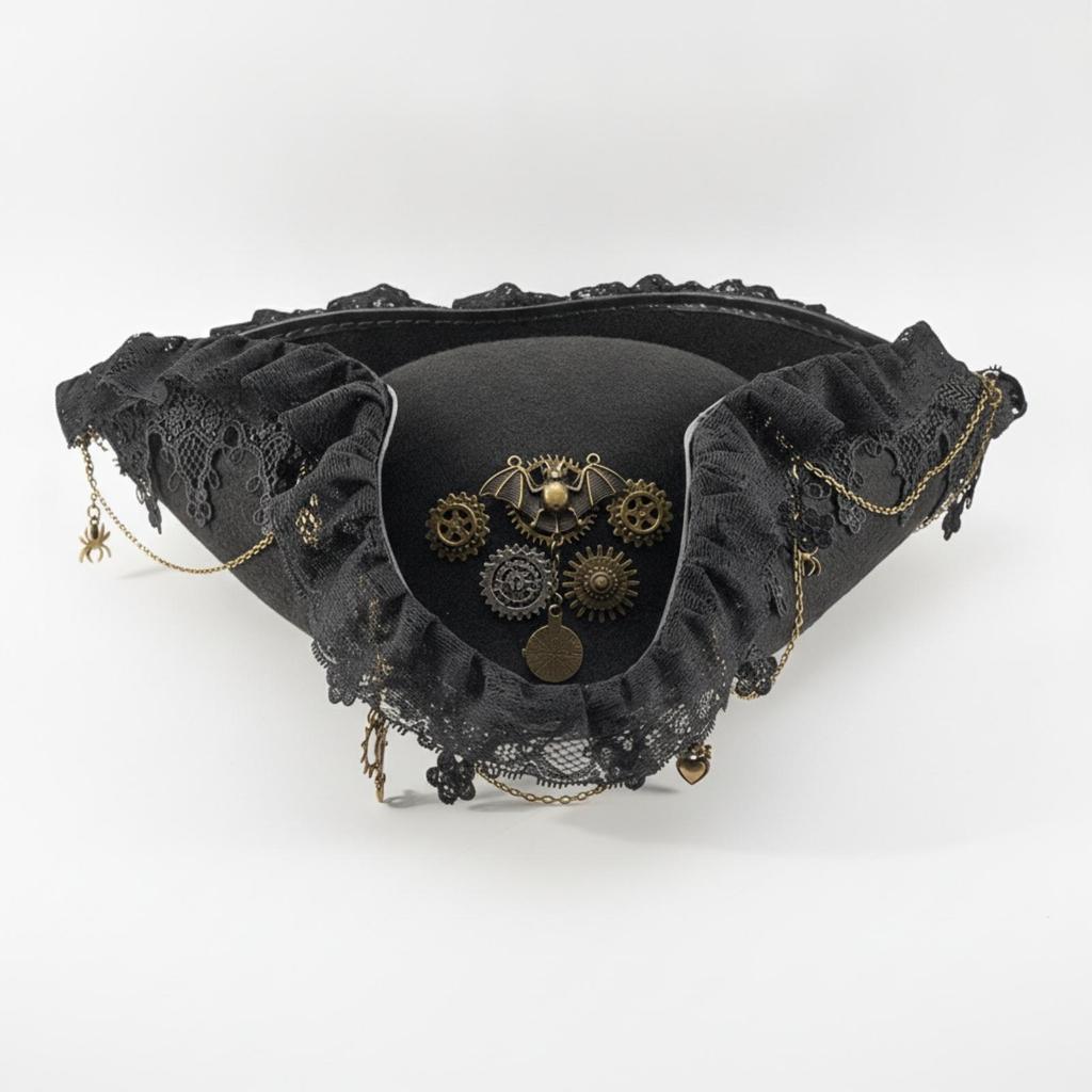 Tricorn Hat with Lace Trim Ruffled Gothic Ornate for Cosplay