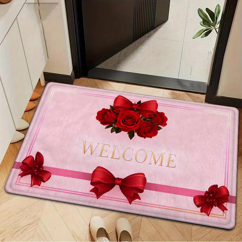 1pc Plush Bowknot Entry - Soft Pink Valentine's Day Carpet Suitable for Kitchen, Bedroom, Bathroom, Indoor Entryway - Machine-Washable Rectangular Mat