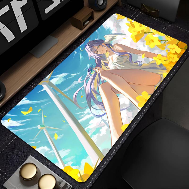 Игровой коврик для мышиБольшой коврик для столаПротивоскользящая резиновая основаПрошитые краяЦветочный ангельский аниме-девушка Принт для игрИспользование в офисе