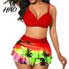 Tree Print Swimsuit 2Pcs/Set Women Bikini Ruffles Two-piece Sweet Off Shoulder Swimwear for Beach