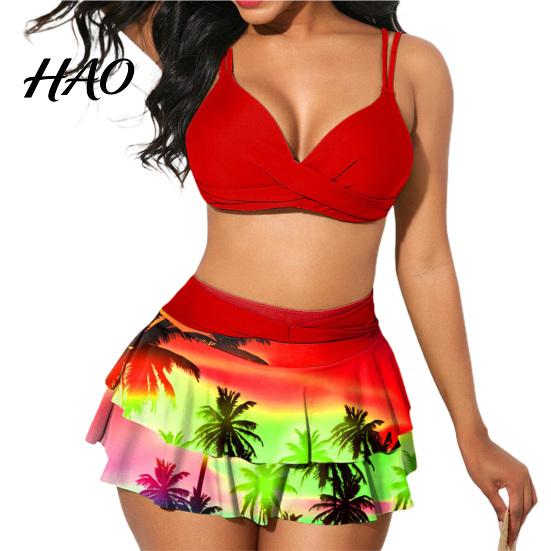 Tree Print Swimsuit 2Pcs/Set Women Bikini Ruffles Two-piece Sweet Off Shoulder Swimwear for Beach