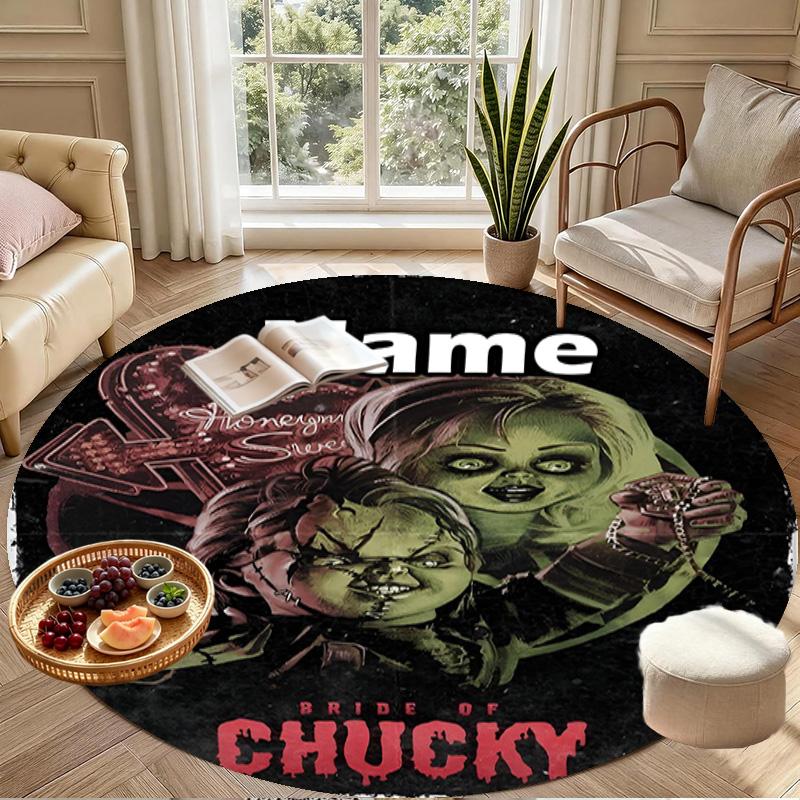 Custom Name Personalized Bride of Chucky Print Round Rug, Versatile Home Decor Carpet, for Playroom, Apartment, Balcony, Entryway, Hallway Gift