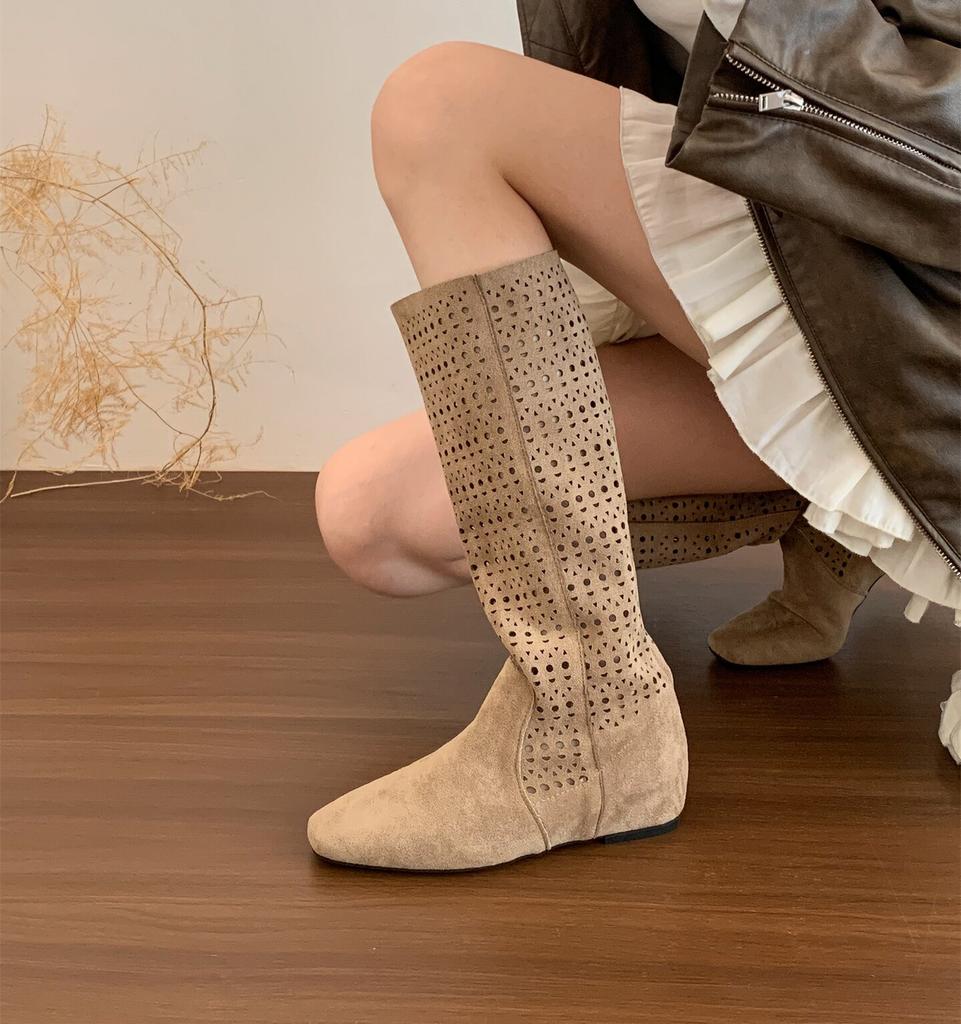 4CM Inner Height Increase~ Retro Spice Girl Maillard Hollow Boots Women's Autumn Breathable Non-slip Millennial Wind Thin Boots