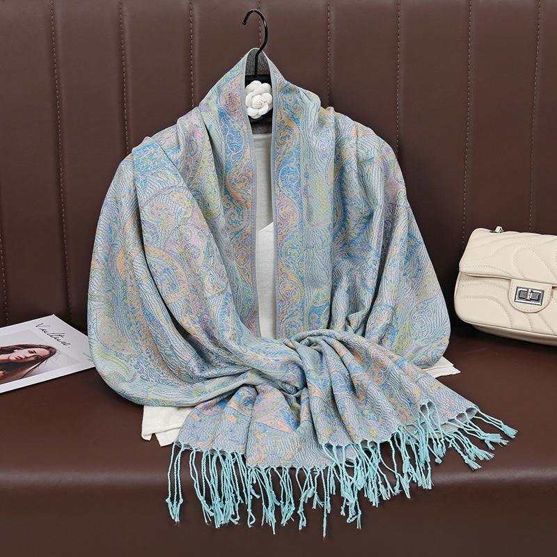 [T788] Winter Warm Thick Ethnic Style Jacquard Scarf Outdoor Women Travel Cashmere Tassel Shawl Neck Wrap Pashmina Retro Floral