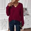 Autumn Winter Long Sleeved V-neck Knitted T-shirt Casual Solid Color Top Women's Clothing Shirt
