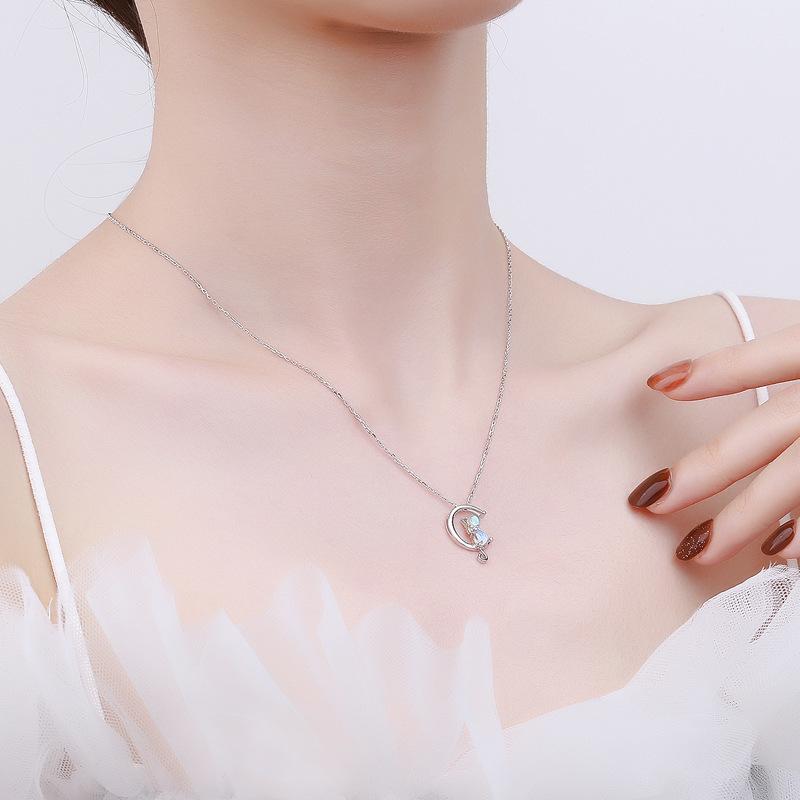 Цепочка из стерлингового серебра 925 пробы, корейская версия, цепочка с изображением кота на луне и циркония на ключице, элегантное женское простое ожерелье с изображением кота из лунного света