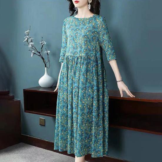 Lady Dress Flower Print Pleated A-line Big Hem Half Sleeves Round Neck Mid Waist Plus Size Mid-calf Length Dating Commuting Midi Dress