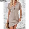 Women's Fashion Summer Spring Solid Color Print Short Sleeve V-Neck Loose Waistline Casual Dresses
