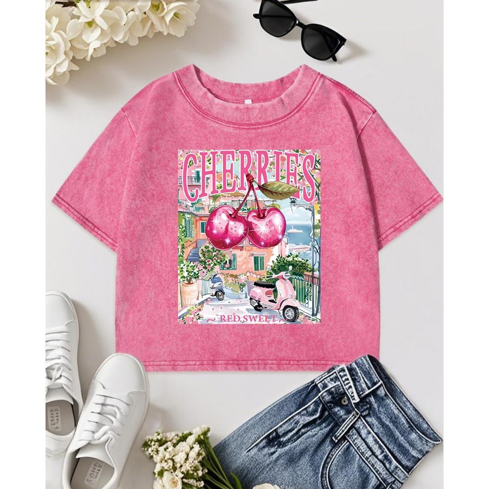 Cherries Red Sweet Town Scenery Print Women Washed T-Shirt Casual Crop T Shirt Summer Cotton Clothes Short Sleeve