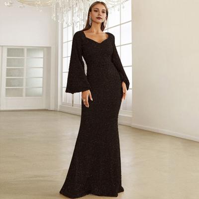 Женское вечернее платье с рукавами-колокольчиками, пайетками, А-силуэта, облегающего кроя, глубоким вырезом, V-образным вырезом, макси-платье со средней талией и застежкой-молнией сзади, выпускное платье