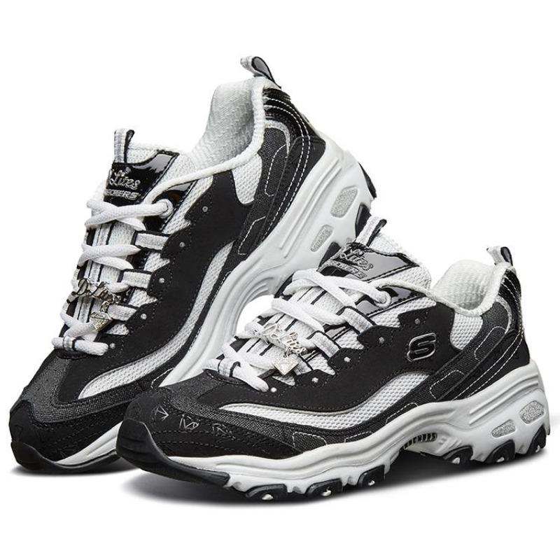 Skechers D'LITES 1.0 Женские кроссовки Panda 10-й юбилей Алмазный принт Толстая подошва Увеличение роста Низкие кроссовки Черно-белые 12241-BKW