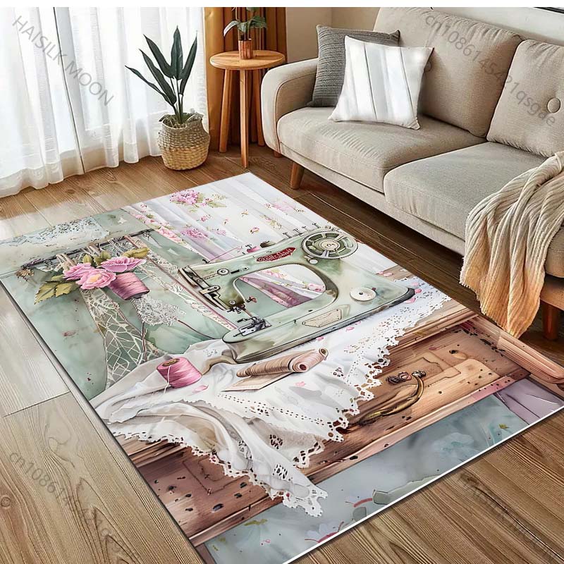 Sewing Machine Retro Style Painting Carpet for Living Room Bedroom Doormat Home Decor Sofa Table Area Rug Non-slip Floor Mat