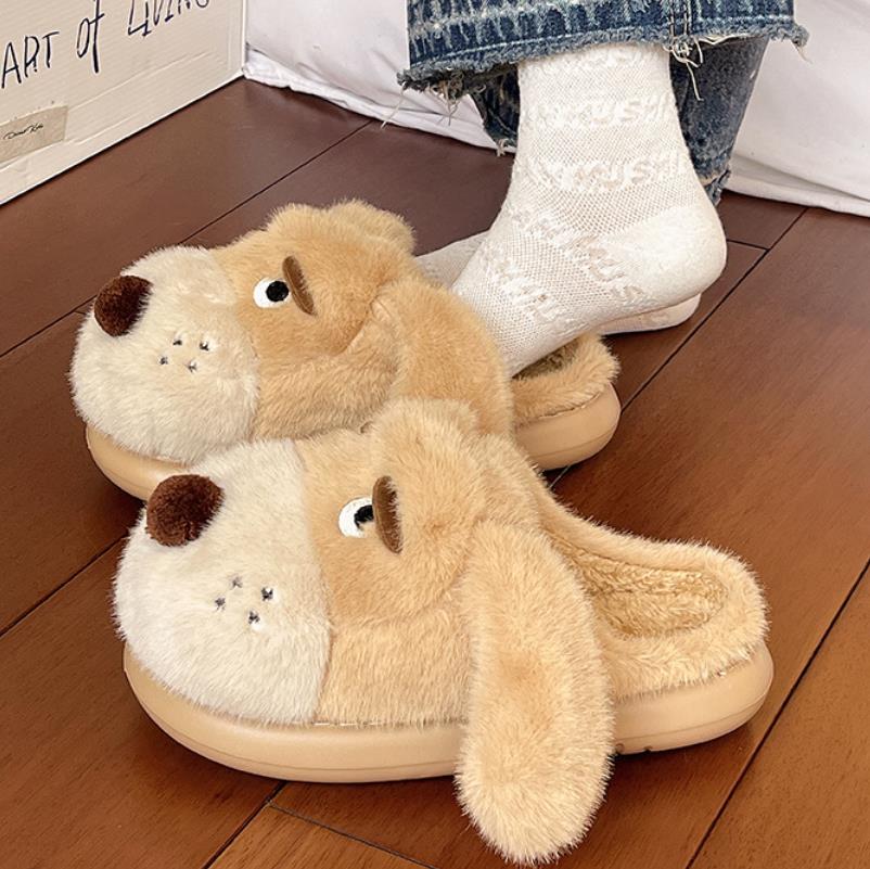 Модные домашние пушистые тапочки для женщин, зимняя обувь на платформе, милые мультяшные собаки, теплые плюшевые нескользящие хлопковые шлепанцы для девочек для дома