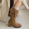 Модные зимние женские высокие сапоги из замши с острым носком, модные туфли-слипоны с ремешком и пряжкой, лаконичные ботильоны на толстом каблуке в рыцарском стиле, новинка 2025 года