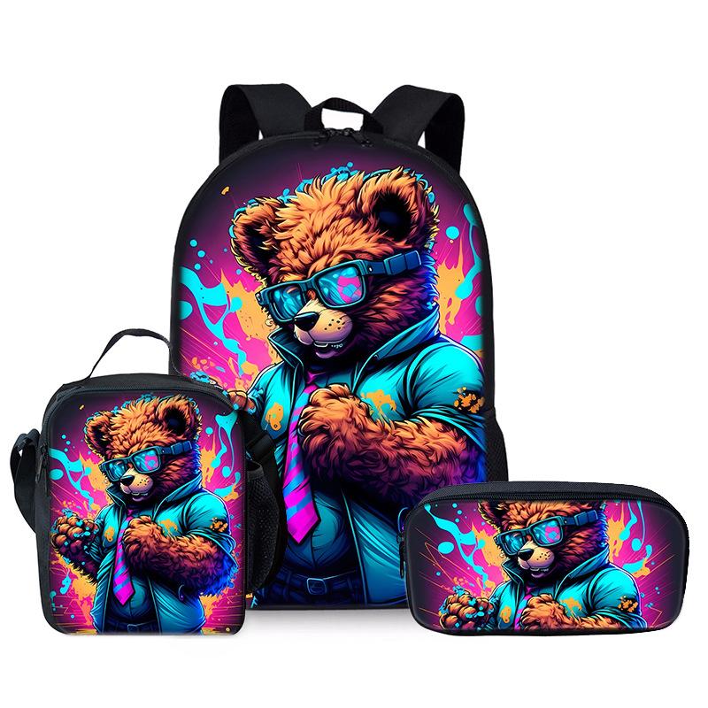 Trendy Popular Novelty Sunglasses Bear 3D Print 3pcs/Set Student School Bags Laptop Daypack Backpack Lunch bag Pencil Case