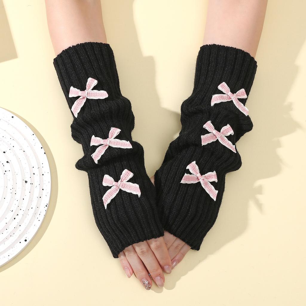 Bow Gloves for Women In Autumn and Winter Knitted Warm College Style Mid Length Stacked Sleeves Fingerless Arm Sleeves