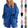 Women's Cotton Linen Pajama Long Sleeve Sets Casual Top And Shorts Sleepwear 2 Piece Loungewear