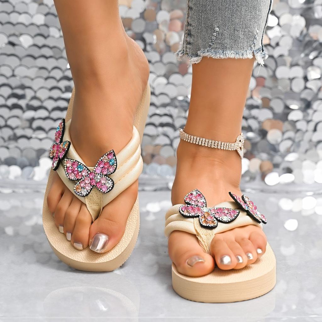 Повседневные шлепанцы женские 2025 лето новые шлепанцы на платформе-маффине модные шлепанцы для пляжа со стразами в виде бабочек