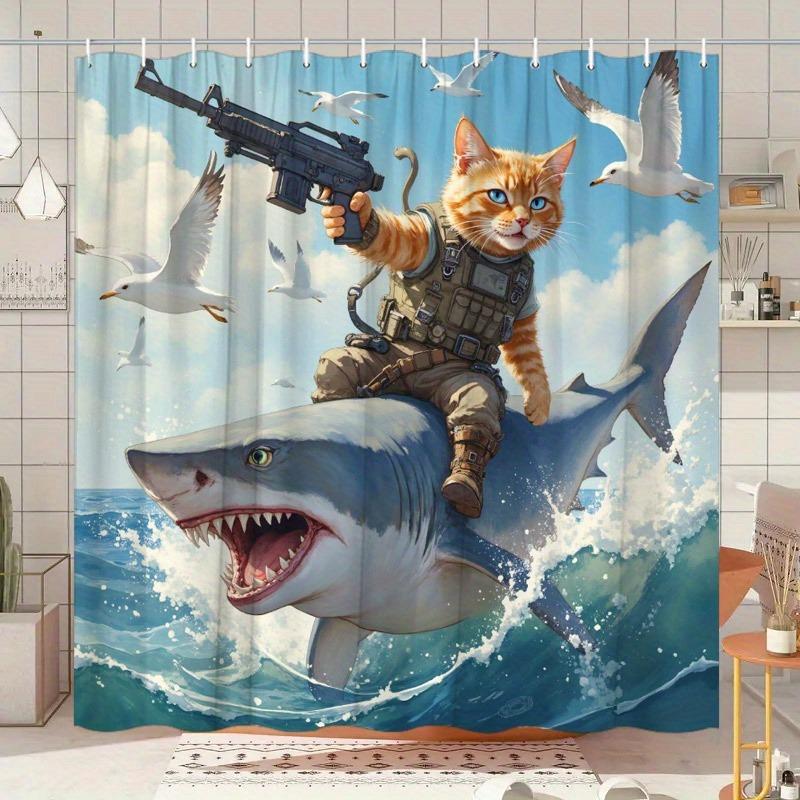 Tactical cat and shark patterns Shower Curtain Washable Dirt-Resistant Shower Head waterproof Polyester Bath Curtain
