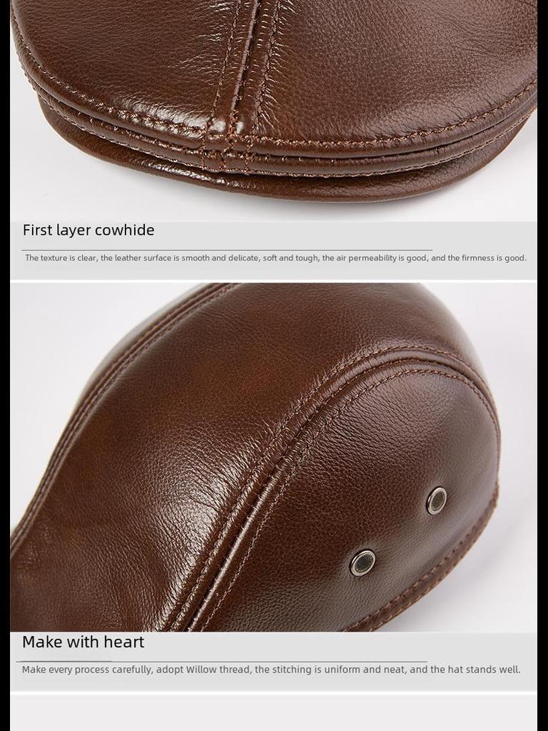 Men's Genuine Leather Duckbill Hat – Stylish, Warm, Thickened Cowhide Beret for Middle-Aged and Elderly (Autumn/Winter)