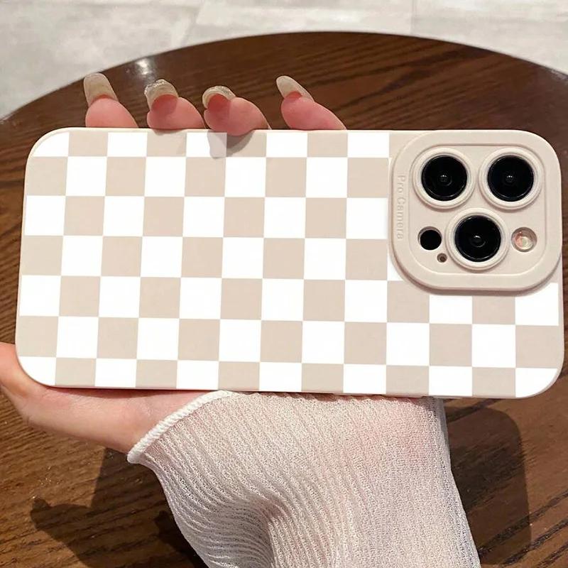 Чехол для iPhone 16 15 14 13 12 11 Pro Max XS X XR 7 8 Plus SE 2022 Белый клетчатый принт противоударный матовый мягкий силиконовый чехол для телефона