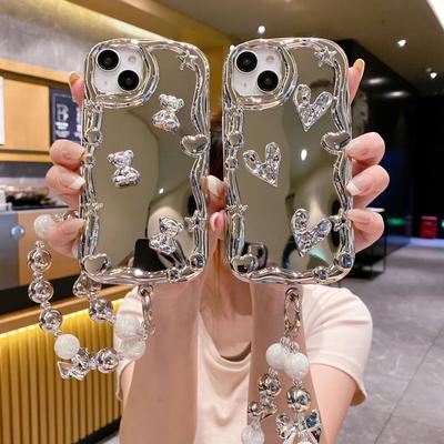 Гальваническое зеркало Подходит для чехла для мобильного телефона IPhone 16 Браслет Love Apple 15 Серебряный медведь 14 Противоударный 13 Мягкий чехол