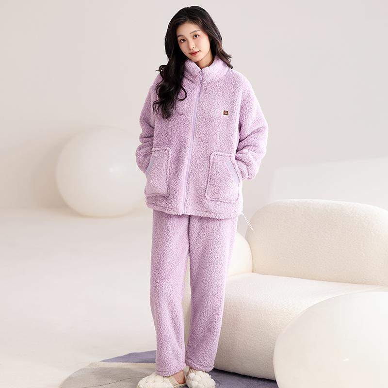 Paibangnu Stand Up Collar Cardigan Fleece Thickened Warm Home Suit Set for Autumn and Winter KD