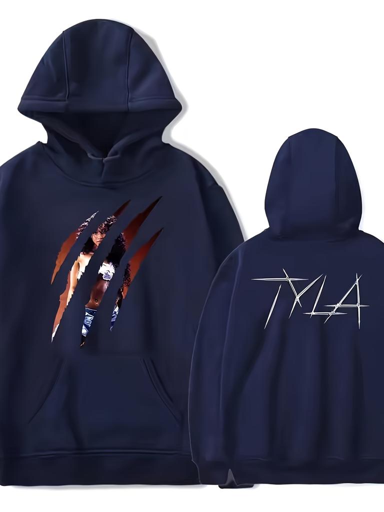 Navy Blue Graphic Pullover with Drawstring Long Sleeve Casual Sweatshirt for Men Fall Winter Apparel Polyester Hoodie