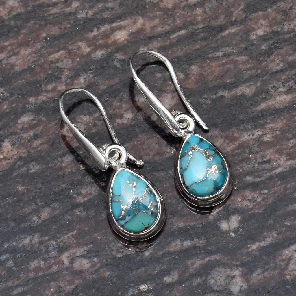 Серьги с натуральными голубыми медными бирюзовыми драгоценными камнями Стерлингового серебра 925 пробы с драгоценными камнями в форме груши Серьги-подвески ручной работы для женщин и девочек