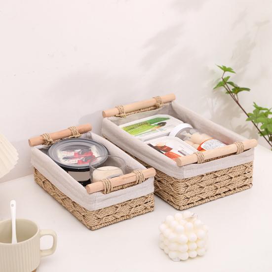 Desktop Storage Basket with Handle Vine Braided Large Capacity Cosmetic Remote Control Pens Keys Sundries Organizer Home Office Storage Box