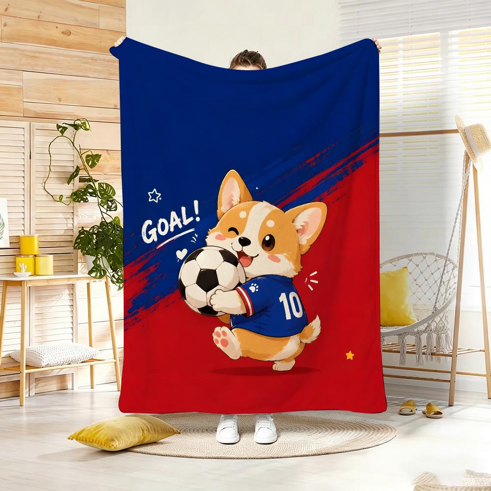 Иллюстрация C-Cute Чиби Футбольный Корги Плед Легкий 240 г Фланелевый Мягкий Для Кожи Для Летнего Охлаждения