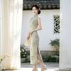 New Chinese retro fresh green bamboo leaf sleeveless improved cheongsam 1011 high-end temperament slim dress women