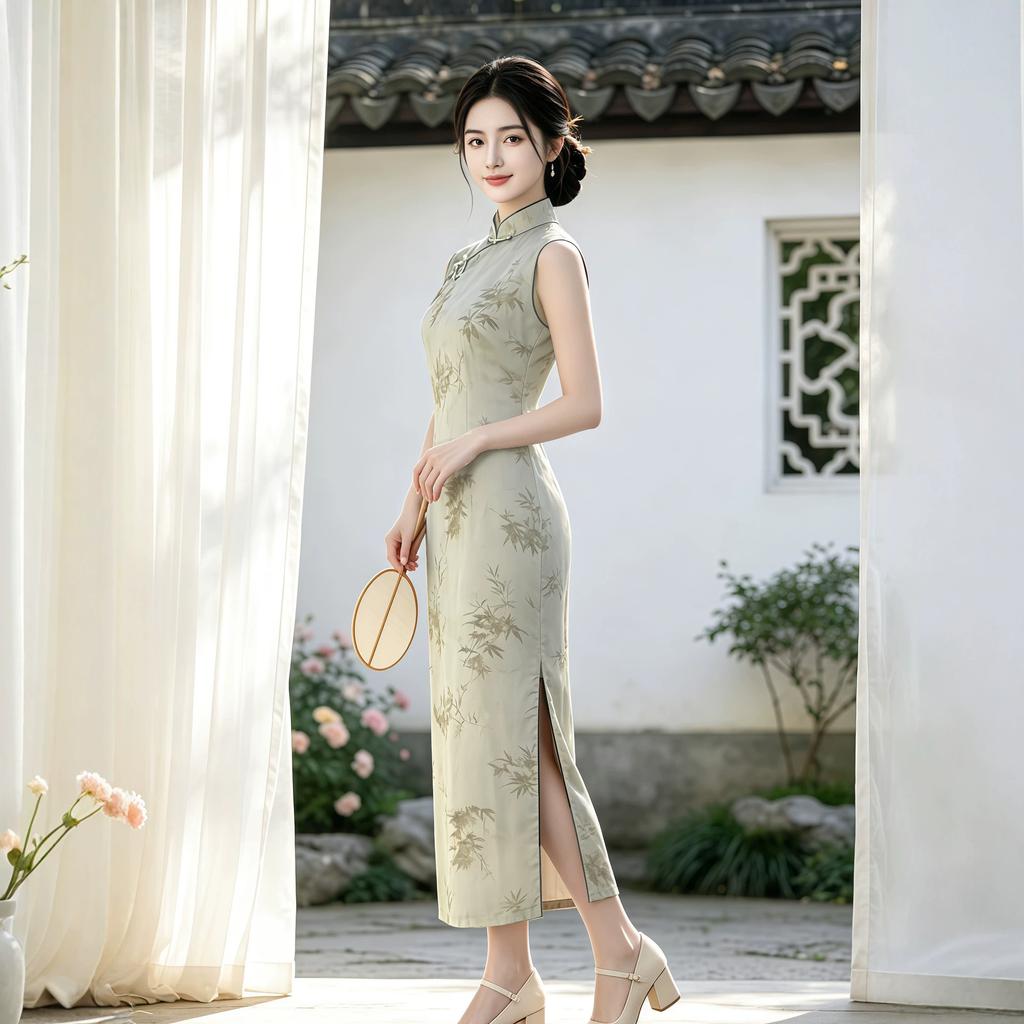 New Chinese retro fresh green bamboo leaf sleeveless improved cheongsam 1011 high-end temperament slim dress women