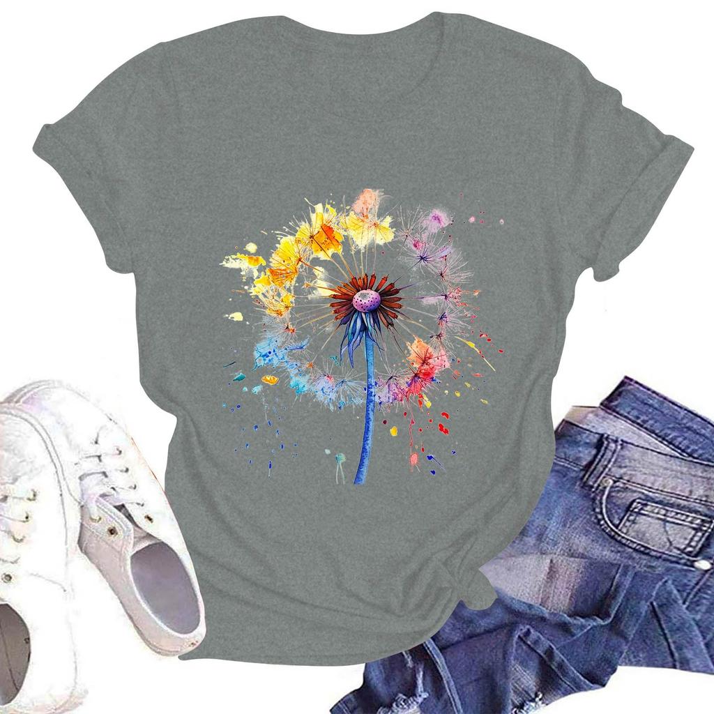 Women's Casual Round Neck Short Sleeve Pullover Printed T-Shirt Top