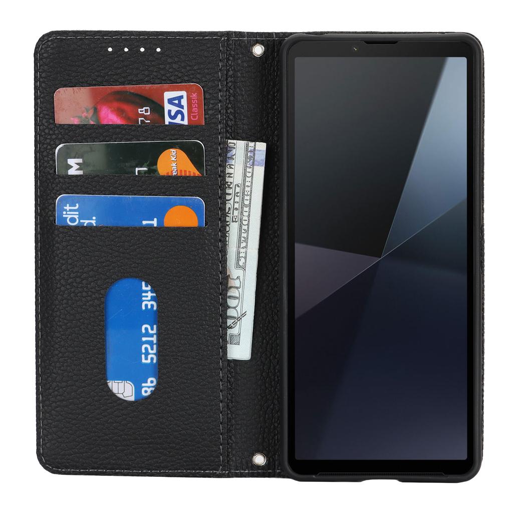 For Sony Xperia 10 VI Case Stand Wallet Litchi Texture Leather Flip Phone Cover with Strap