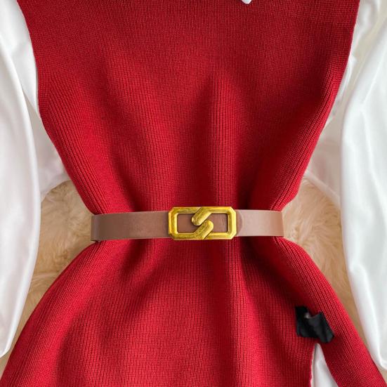 3Pcs/Set Women Shirt Vest Set Lapel Lantern Long Sleeve Single Breasted Shirt O-neck Side Slit Knitting Vest Set with Belt