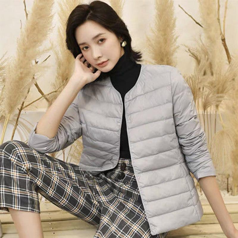 Белый утиный пух, легкий тонкий пуховик, женский круглый вырез, короткая секция, без воротника, осенне-зимняя теплая куртка большого размера с внутренней стороны