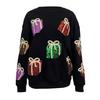 Women Christmas Sweatshirt Sequin Gift Box Pattern Colorful Round Neck Long Sleeve Loose Mid Length Pullover Party Holiday Top