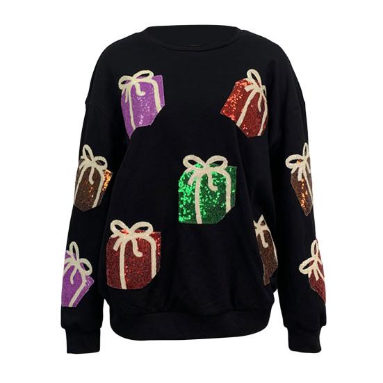 Women Christmas Sweatshirt Sequin Gift Box Pattern Colorful Round Neck Long Sleeve Loose Mid Length Pullover Party Holiday Top