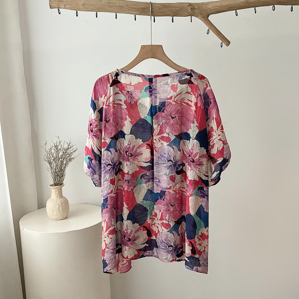 Dimanaf 2025 Новые летние женские льняные футболки с коротким рукавом, пуговицами и цветами, базовые модные топы с круглым вырезом, свободные футболки