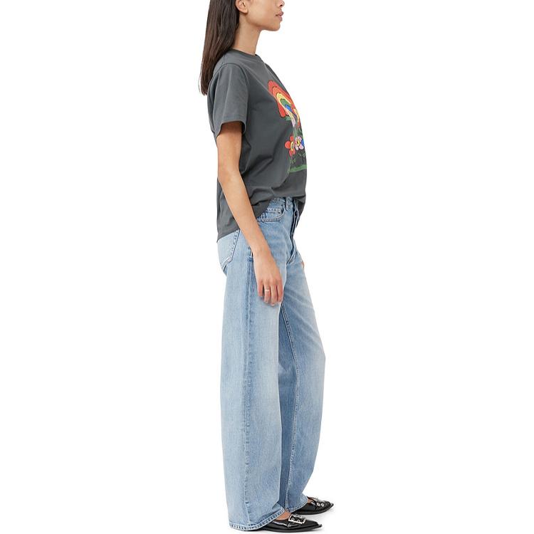 Ganni Ss23 Rainbow Pattern Printed Straight Casual Short Sleeve T-Shirt Women Tops Volcanic-Grey T3555490